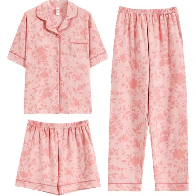 浮光岛屿 实用带胸垫翻领短袖短裤家居服时尚小清新叶子长裤休闲可外穿三件套睡衣套装 女款 礼盒款 粉色