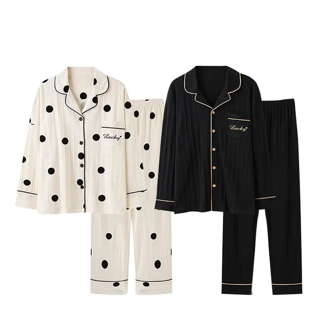俏韵 翻领春秋季简约长袖长裤甜美舒适时尚休闲家居服可外穿睡衣套装 男女同款