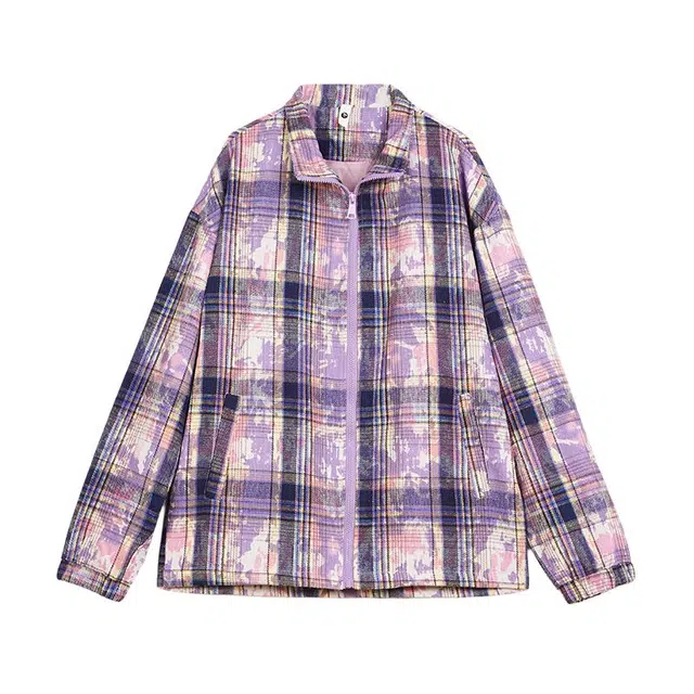 棉基因 春秋季格子渐变扎染拉链国风文艺痞帅高级感时尚个性街头防晒衬衣港风青少年感叠穿学生减龄感基础款日系复古外套衬衫 男女同款