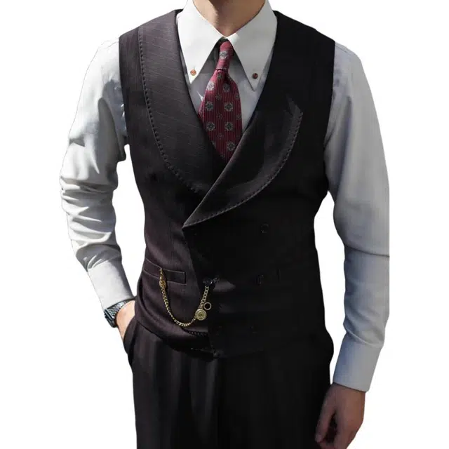 大格子与黑猫 英伦复古青果领双排扣新郎结婚婚礼 雅痞绅士条纹修身西装领 马甲 男款