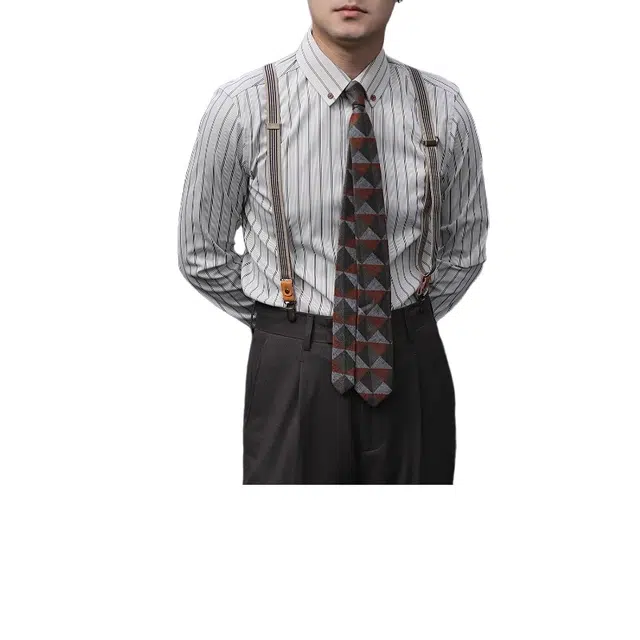 大格子与黑猫 英伦复古扣领修身长袖抗皱怀旧雅痞文艺港风美式条纹衬衣男衬衫 男款