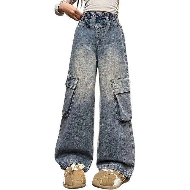 帕兰朵牛仔裤 女童春秋重工艺工装裤中大童时尚百搭潮流松紧腰显瘦裤宽松筒裤秋季阔腿裤 青少年