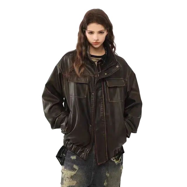 一碗士多 拼接解构口袋条纹美式复古高街时尚流行痞帅个性高级设计日常通勤宽松舒适百搭皮衣 男女同款