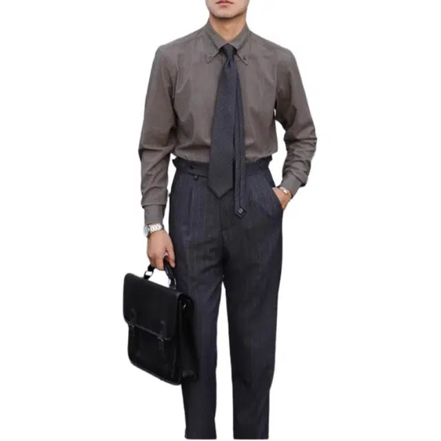 大格子与黑猫 [四色]意式大尖领商务上班抗皱修身儒雅舒适复古免烫简约长袖衬衫 男款