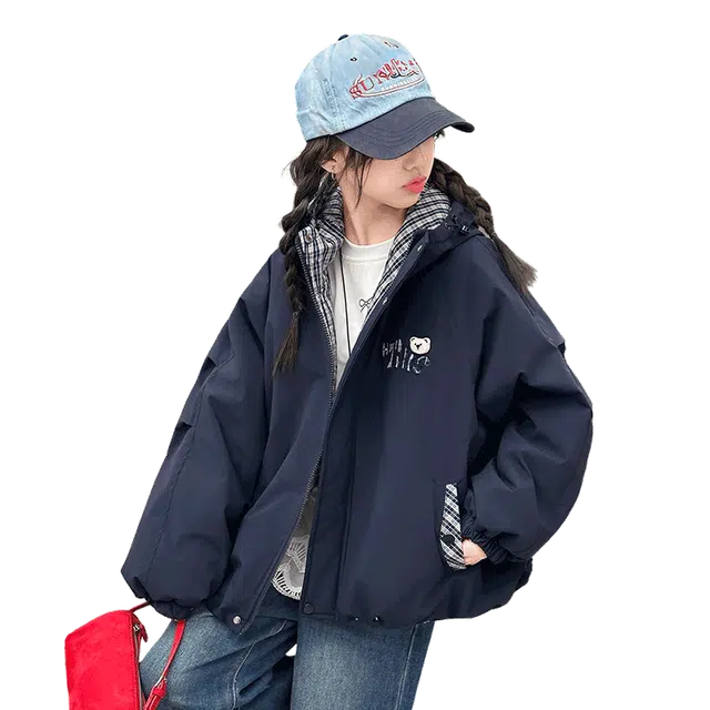 帕兰朵儿童上装 女童时尚潮流休闲冬季外套女孩儿藏青小熊拼色夹棉连帽上衣中大童百搭立领美式 儿童款