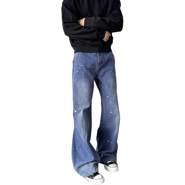 如续 潮流百搭简约泼墨磨破设计直筒长裤时尚宽松阔腿舒适休闲牛仔裤 男女同款