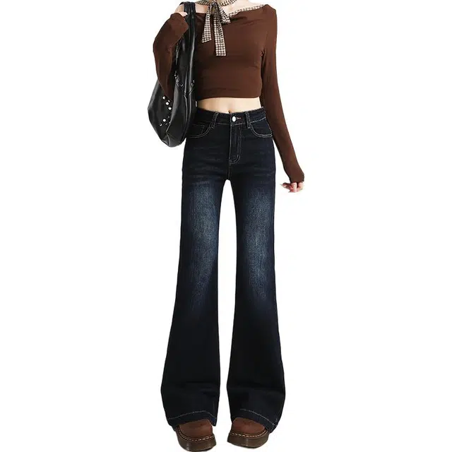 如续 水洗复古微喇弹力显瘦设计感马蹄喇叭拖地牛仔裤 女款