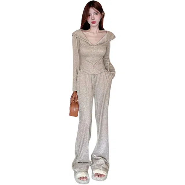 荟萃阁 时尚连帽修身上衣简约阔腿裤休闲套装 女款