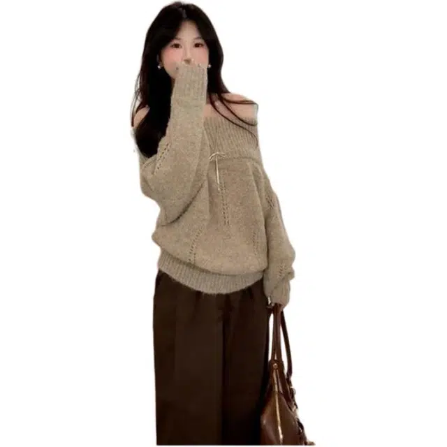 纤丝鸟 简约复古时尚宽松法式一字肩露肩舒适百搭修身针织衫 女款