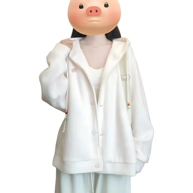 米囹毛衣 软糯慵懒高级感粉色连帽针织纯色常规通勤风 青少年