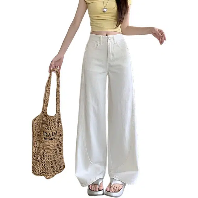 宝米卡 白色弯刀美式复古设计感宽松显瘦阔腿拖地裤牛仔裤 男女同款