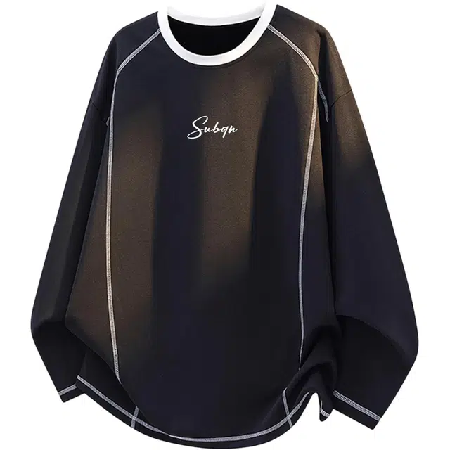 苏北青年 美式复古高街拼接条纹品牌字母印花宽松纯色舒适亲肤圆领落肩袖日常通勤运动百搭休闲时尚户外套头卫衣 男女同款