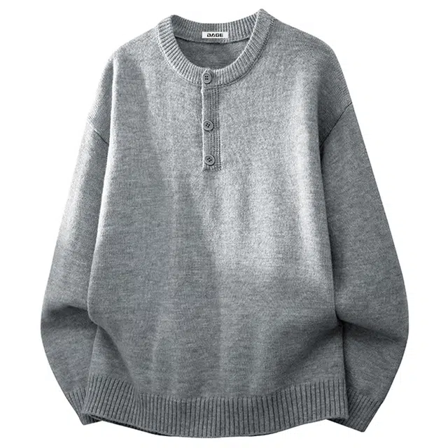 八哥 美式复古高街秋季纽扣经典舒适休闲百搭宽松设计感基础款亲肤柔软圆领套头软糯慵懒针织衫 男女同款