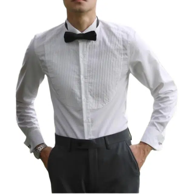 大格子与黑猫 经典法式宫廷风胸前折叠塔克袖扣 结婚宴会礼服领翼领修身白衬衫 男款