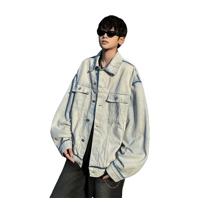 虫小绿 美式高街复古街头废土风做旧水洗明线装饰解构廓型四角标线痞帅潮流日常通勤高颜值宽松百搭洗选翻领长袖牛仔外套 男女同款