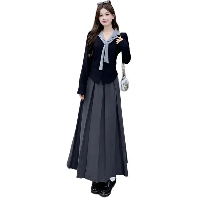 古莲菲 设计感洋气超好看学院风假两件翻领刺绣上衣百褶长裙时尚两件套裙装套装 女款