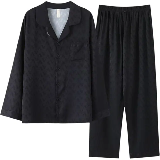 浮光岛屿 凉感纯色时尚波浪纹翻领长袖休闲宽松直筒长裤睡衣套装 女款 礼盒款 黑色