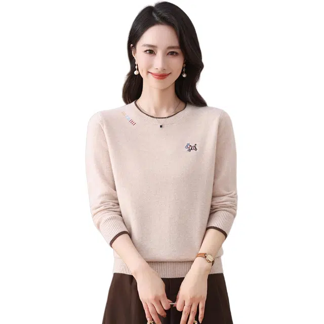 稻草人 高端品质全毛撞色设计精致舒适百搭时尚圆领打底羊毛针织衫 女款