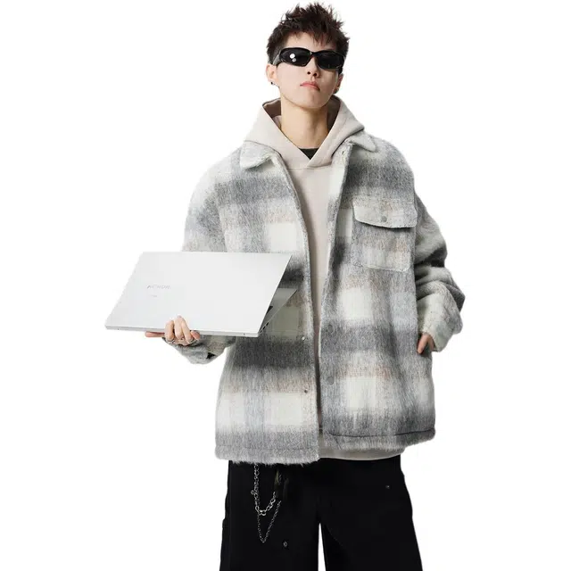 佐菲利 港风短款格子毛呢外套加厚韩版棉服痞帅翻领夹克大衣 男女同款