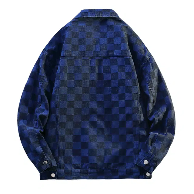 【dme】 美式潮牌休闲帅气工装夹克青少年宽松百搭棋盘格翻领牛仔外套 男女同款
