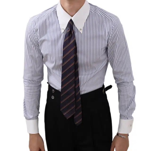 大格子与黑猫 意式绅士拼色长尖领时尚蓝条纹修身复古英伦雅痞撞色长袖潮男衬衫 男款