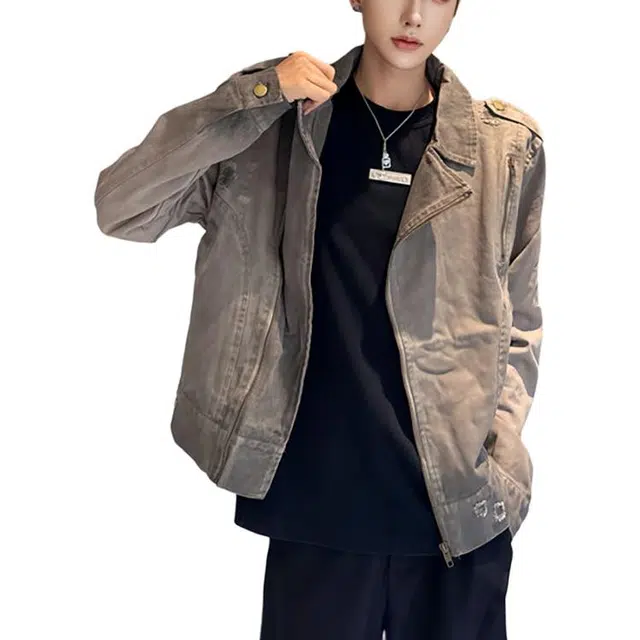 冈哉 假两件重工水洗做旧美式复古街头拉链高街潮牌风格翻领夹克工艺廓形慵懒范日常通勤柔软舒适亲肤牛仔外套 男女同款