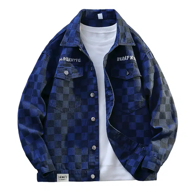 【dme】 美式潮牌休闲帅气工装夹克青少年宽松百搭棋盘格翻领牛仔外套 男女同款