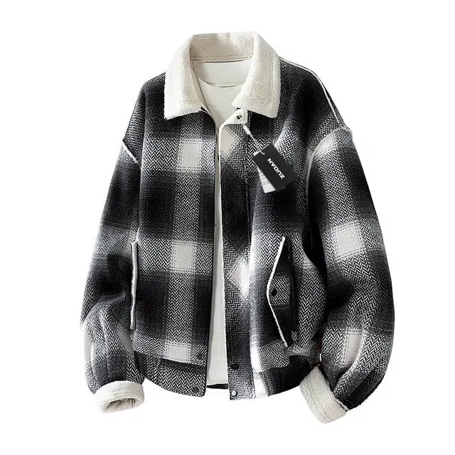 左岸 加绒加厚青少年港风毛领翻领小香风格子毛呢上衣时尚潮牌百搭休闲宽松防风保暖秋冬棉袄外套棉服 男款