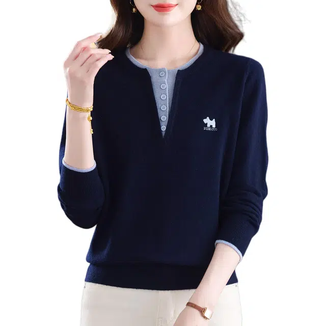 稻草人 高端品质全毛简约时尚百搭拼色舒适保暖柔软羊毛打底针织衫 女款