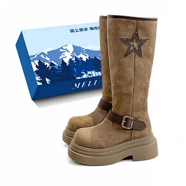 小鹿米利 人造革 复古废土沙厚底机车扣带马丁靴中筒靴骑士靴单绒面 短靴 女