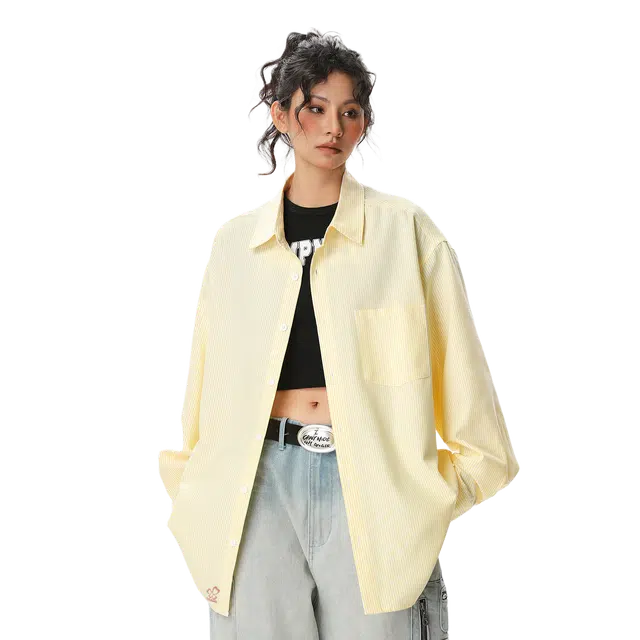 都市丽人 韩范文艺小清新竖条纹上衣长袖女士春秋季通勤宽松内搭休闲衬衣衬衫 女款