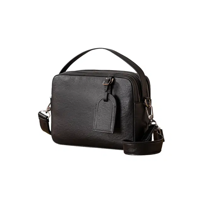 后步 小众高级感设计多功能简约休闲百搭日常通勤 头层植鞣牛皮 单肩手提包 中号 男女同款情侣款 黑色