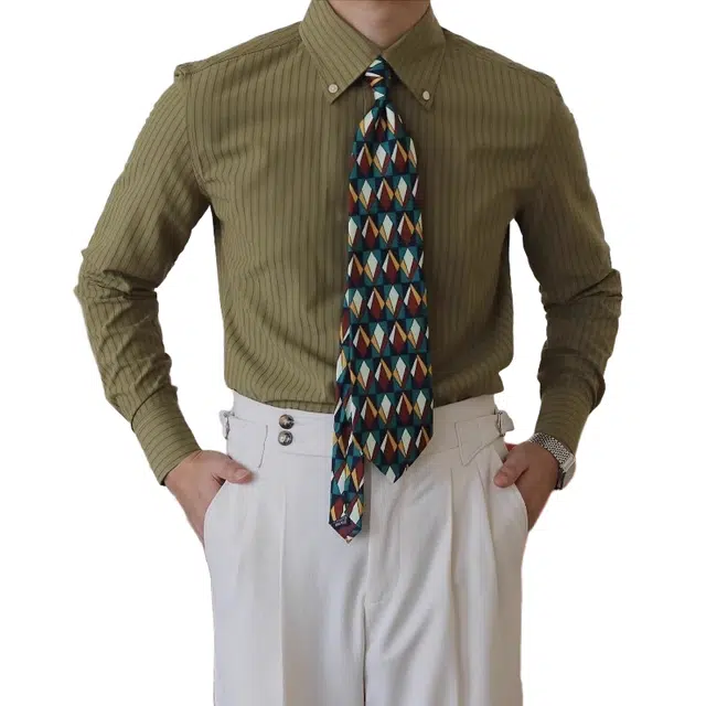 大格子与黑猫 意式大尖领抗皱修身商务休闲 复古雅痞百搭长袖收腰绿色条纹 衬衫 男款