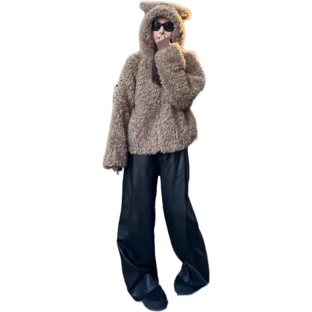 囍鱼少女 可爱毛毛女短款冬季连帽休闲宽松兔耳朵毛绒绒上衣棉服绒感外套 女款