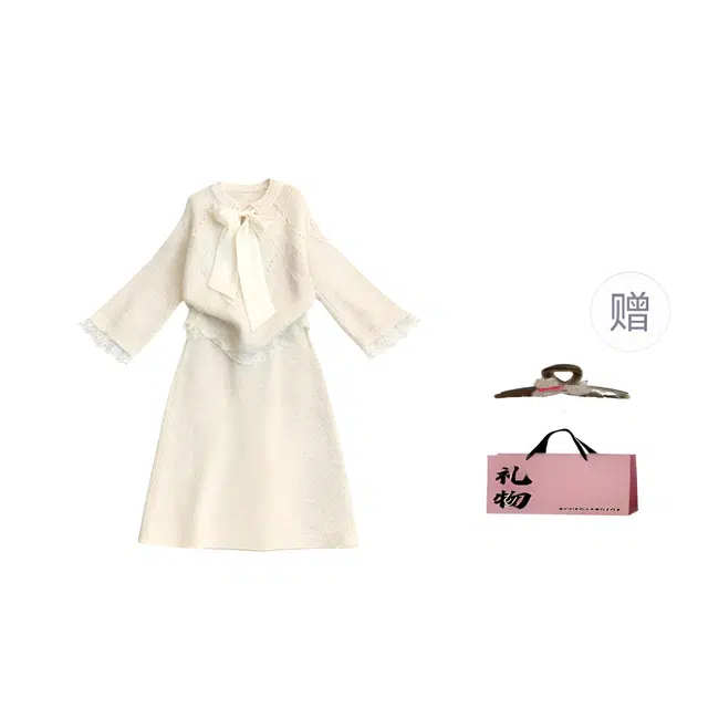 柏黛妃 轻盈优雅甜美舒适简约设计百搭休闲针织材质半身裙两件法式蝴蝶结高级感软糯时尚别致好看毛衣+轻裙装套装 女款