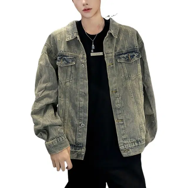 冈哉 重工竹节纹水洗做旧美式复古街头拉链高街潮牌风格翻领夹克工艺廓形慵懒范日常通勤柔软舒适亲肤牛仔外套 男女同款