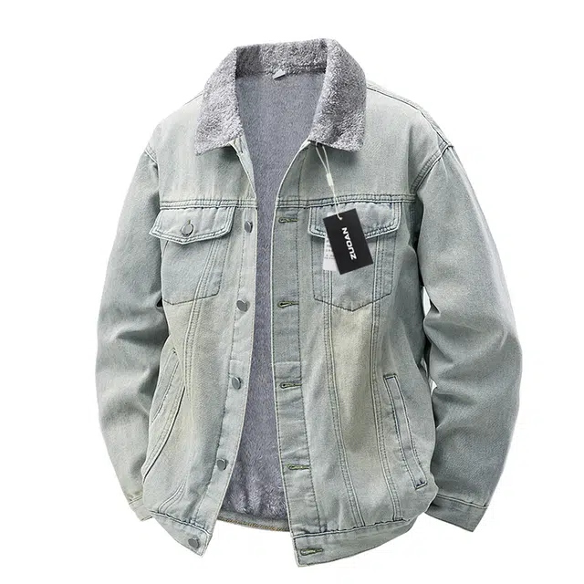 左岸 加绒加厚青少年美式复工毛领翻领工装风上衣港风时尚潮牌百搭休闲宽松防风保暖秋冬棉袄夹克牛仔外套 男款