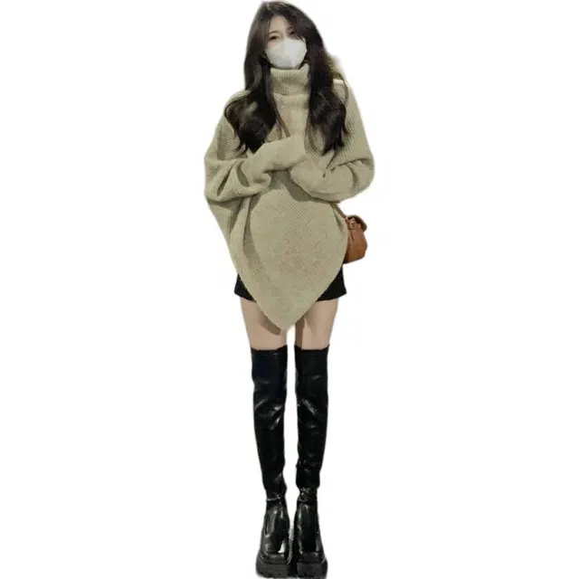 纤丝鸟 韩系高领不规则法式显瘦小众设计上衣舒适针织衫 女款