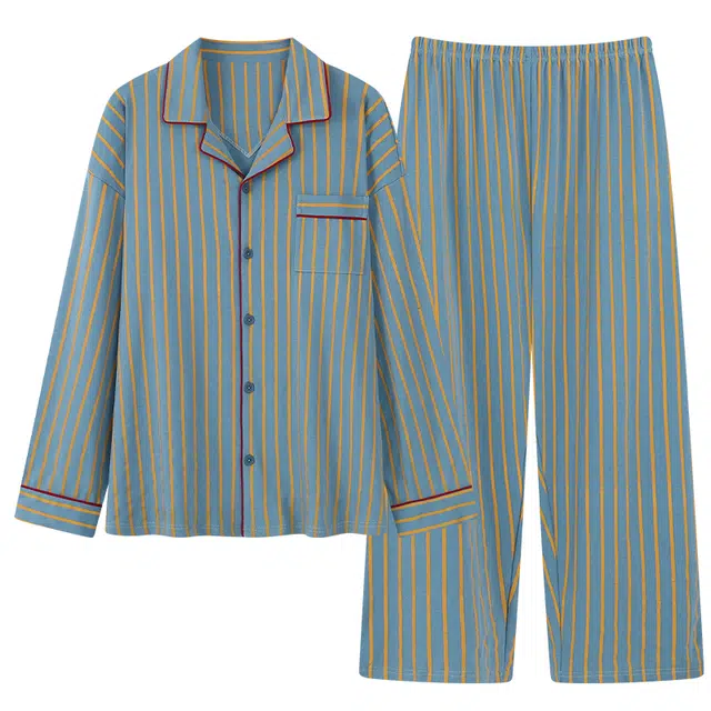 宫蝶 简约风长袖纯棉开衫宽松休闲家居服可外穿大码睡衣套装 男款