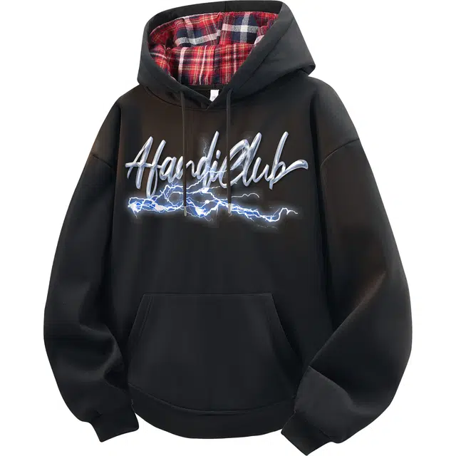 阿凡迪 美式复古街头简约基础格纹拼接设计水银闪电字母潮牌印花宽松舒适休闲百搭时尚潮流无性别主义日常通勤抽绳长袖连帽卫衣 男女同款