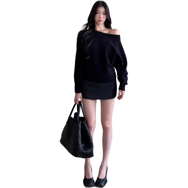 囍鱼少女 女秋季宽松显瘦休闲风辣妹露肩斜肩上衣女装针织衫 女款