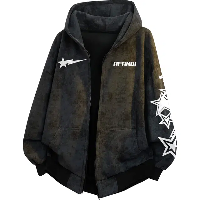 阿凡迪 美式复古街头简约基础扎染设计袖子星星字母潮牌印花织唛宽松舒适休闲百搭时尚潮流无性别主义通勤长袖拉链开衫连帽卫衣 男女同款