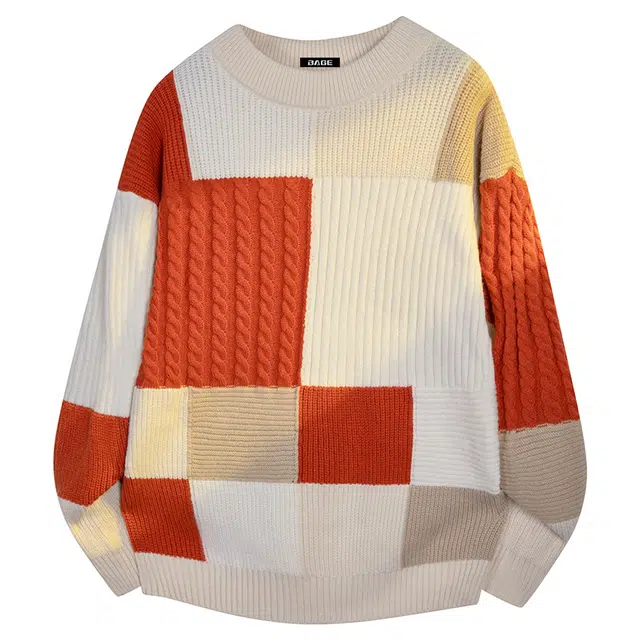 八哥 美式高街潮牌多色拼接小众设计无性别主义日常通勤户外运动个性潮流慵懒感微雕圆领套头简约时尚百搭长袖针织衫 男女同款