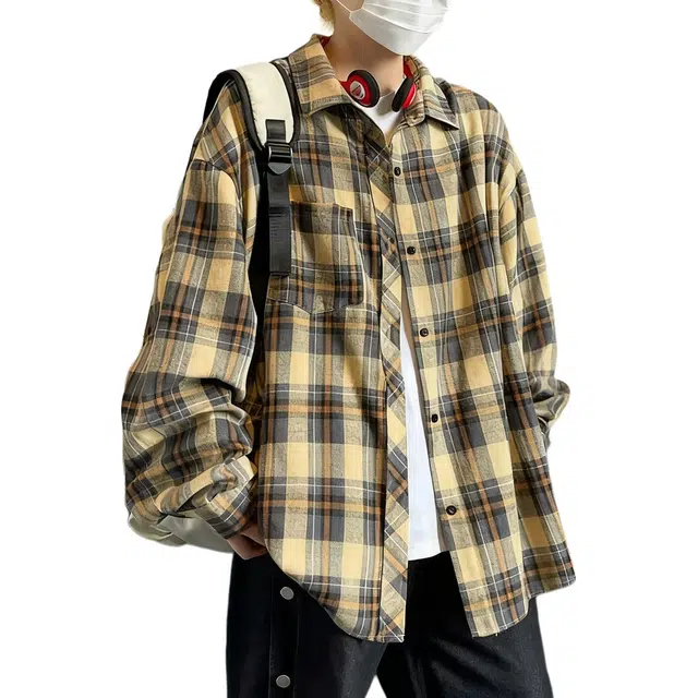 拓菲 潮牌格子男日系基础百搭复古拼色宽松情侣休闲青少年衬衣外套衬衫 男女同款