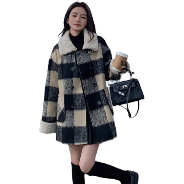 纤丝鸟 韩系设计感格纹立领气质赫本风小个子保暖外套女大衣 女款