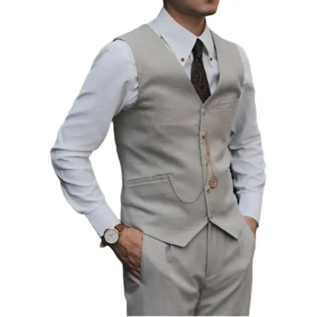 大格子与黑猫 复古英伦儒雅老钱风杏色伴郎单排扣休闲修身结婚含羊毛西装马甲 男款