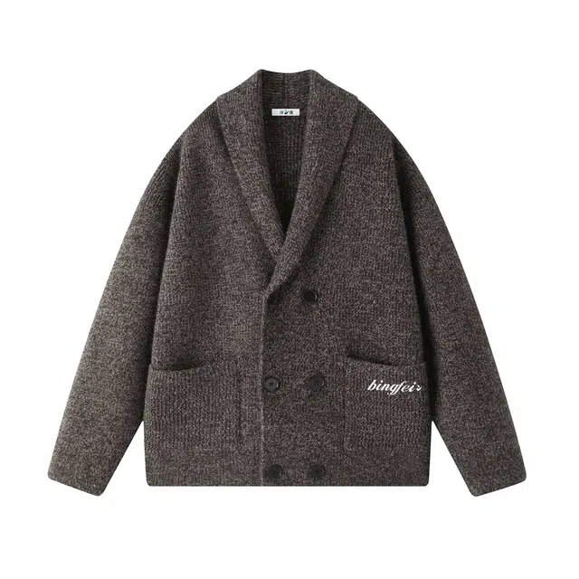 冰飞 美式慵懒风复古简约字母翻领纯色基础款宽松休闲保暖软糯外套学院风亲肤舒适百搭双排扣开衫长袖针织衫 男女同款
