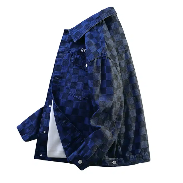 【dme】 美式潮牌休闲帅气工装夹克青少年宽松百搭棋盘格翻领牛仔外套 男女同款