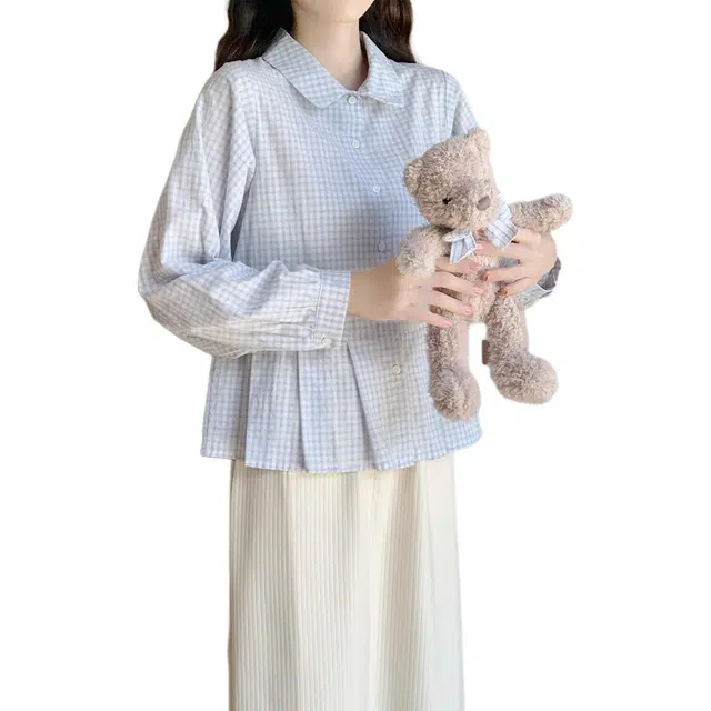 米囹休闲衬衫 韩系娃娃领宽松别致长袖格子常规甜美风 儿童款