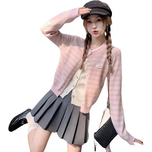 纤丝鸟 简约甜美韩系休闲时尚外套宽松显瘦设计针织衫 女款